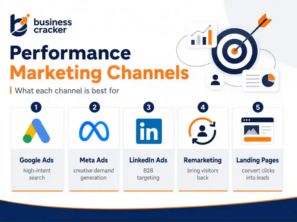 Performance marketing channels including Google Ads Meta Ads LinkedIn Ads and remarketing