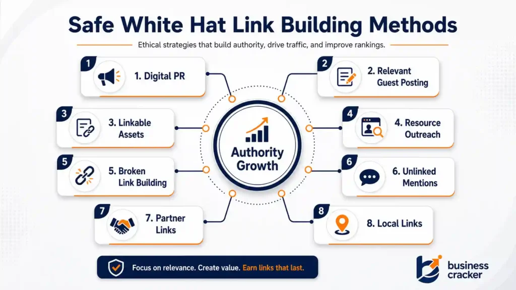 Safe white hat link building methods for SEO authority